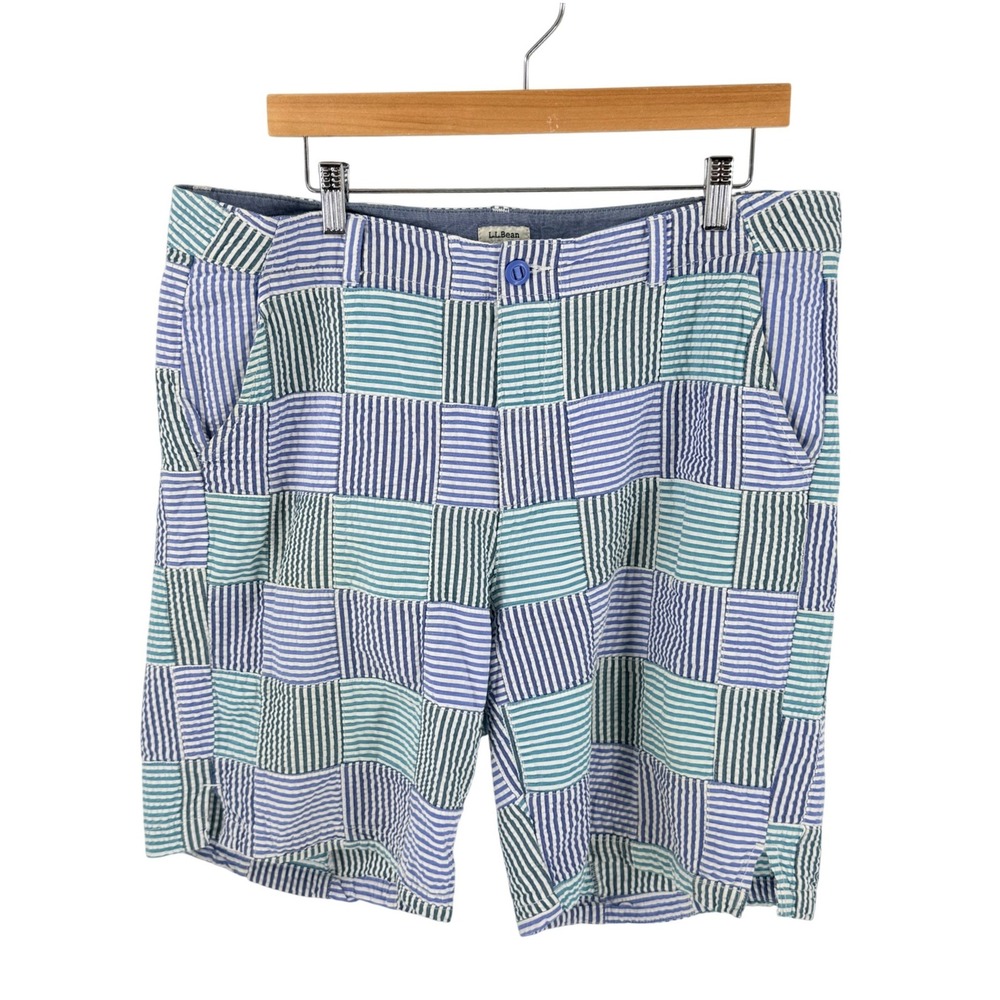 L.L. Bean Seersucker Patchwork Shorts Blue Green 16 Preppy Coastal Nautical